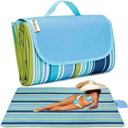 Stort Piknikteppe, Strandtepper (203x152 cm) Sandtett Strandmatte (Blå Striper)