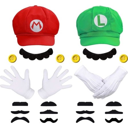 Super Mario Bros Mario og Luigi Hatter Kepsar Mustascher Hansker Knapper Cosplay Kostyme