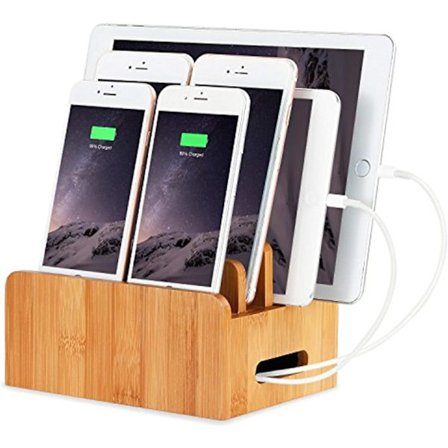 Multienhedsstativ i bambustræ til skrivebord, ladestation, ladedock, holder til iPhone 14 13 12 11 Pro Max XS iPad Mini 4