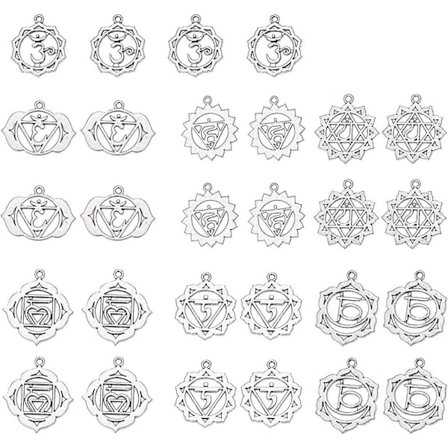 1 Ask 28 st 7 Stilar Legering Chakra Berlocker Hängsmycken Om Ohm Energi Berlocker Chakra Berlocker för Smyckestillverkning Fynd Tillbehör för DIY 