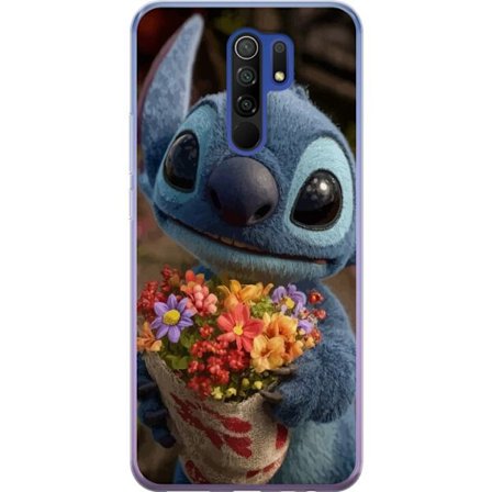 Kompatibel Mobilcover til Xiaomi Xiaomi Redmi 9 Sød blå figur med store øjne, der holder en farverig buket i en varm og kær stil