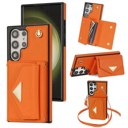 For Samsung Galaxy S24 Ultra Veske Organ Kort Bag Lær+tpu Deksel Med Skulderstropp Orange