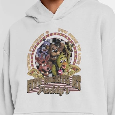FNAF askegrå hættetrøje med Five nights at Freddy design XL