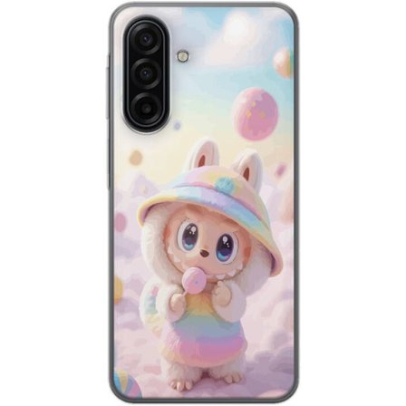 Kompatibelt Mobildeksel til Samsung Galaxy A17 5G Regnbuedrømmenes Pastell Design myk drømmeaktig stil med søt figur i regnbueklær og lyse skyer i ba