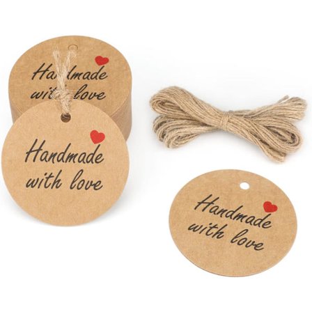 100 stk. Kraft Gavemerkelapper 5 cm * 5 cm "Håndlaget med kjærlighet" Etikett med 20 meter Jutehyssing (Brun)