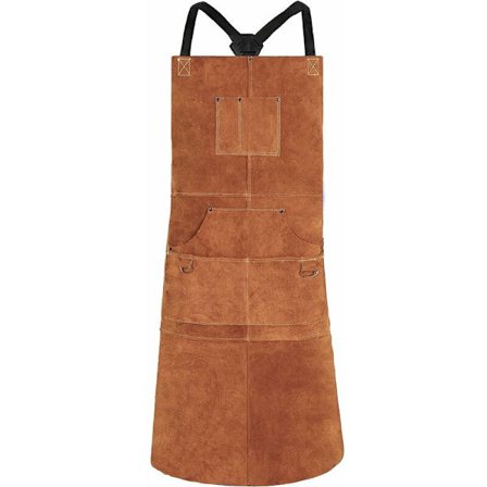 Sveiseforkle, Arbeidsforkle i kuskinn med 6 lommer, 24" x 36" Multifunksjonelt matlagingsforkle, Justerbare stropper fra M til XXL for menn og kvinner