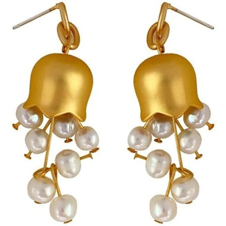 Liljekonvalj Pärlörhängen, Vintage Elegant Guld Klocka Orchid Blomma Hängande Örhängen Pärla Drop Bröllop Örhängen