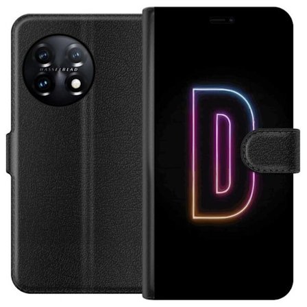 Kompatibel Tegnebogsetui til OnePlus OnePlus 11 Minimalistisk neonbogstav D i farveskiftende lys mod sort baggrund i moderne digital design
