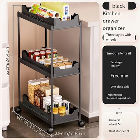 Smal Utdragbar Köksförvaringsvagn med Flera Hyllor och Hjul, Fristående Organizer, 3-vånings svart