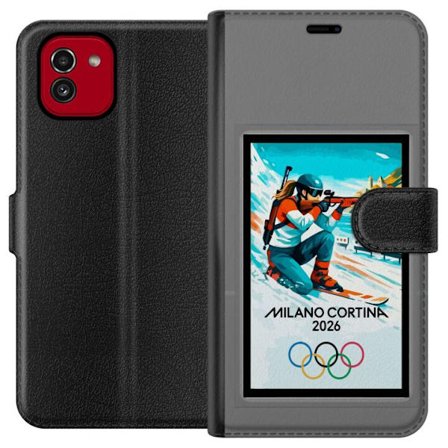 Yhteensopiva Lompakkokotelo Samsung Galaxy A03 Retrojuliste Cortina Milano 2026 vuorilla, talviurheilijoilla, italiankoloreilla, Milanon tuomiokirkoll