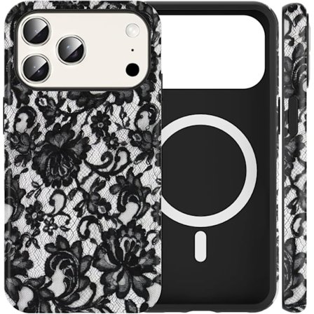 Kaunis musta pitsikuvioinen kotelo, yhteensopiva silikonin kanssa, sopii 17 Pro 6,3-tuumaiselle, iskunkestävä.