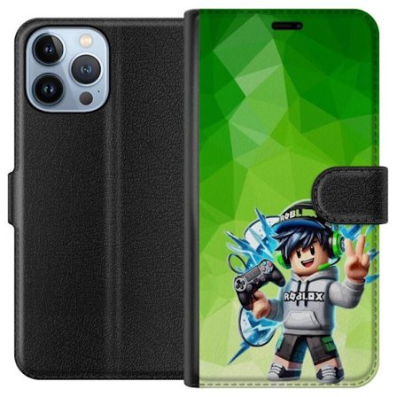 Kompatibelt Lommeboketui til Apple iPhone 13 Pro Max Roblox-inspirert gamerfigur med headset, håndkontroll og energiske effekter mot grønn bakgrunn