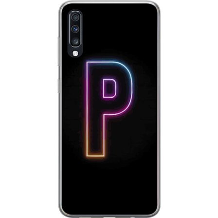 Kompatibel Mobilcover til Samsung Samsung Galaxy A70 Minimalistisk neonbogstav P i farvegradient og lyseffekt mod sort baggrund i digital neonstil