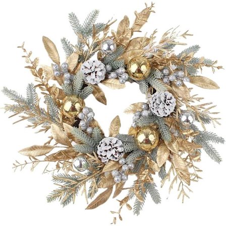 Julkransar för ytterdörr, 45 cm Gyllene julkrans med tallkottar, gyllene kulor, ornament, grenar och bär