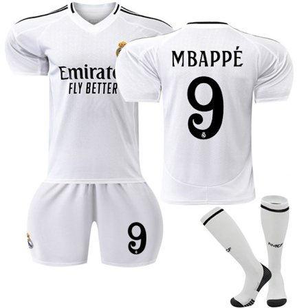 Real Madrids hjemmedrakt nr. 9 Mbappé med sokker for barn og voksne, 24-25 år.