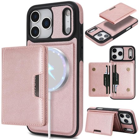 iPhone17ProMax, Magnetisk Kortholder, Telefondeksel i Imitert Skinn, Rosegull