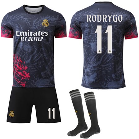 24-25 Real Madrid Dragon Pattern Special Edition Svart Rød Drakt NO.11 RODRYGO Trøyer Barn Voksen Fotballutstyr med Sokker
