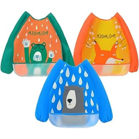 3-pakk Baby Vanntette Smekker med Lange Ermer og Vaskbar Forkle