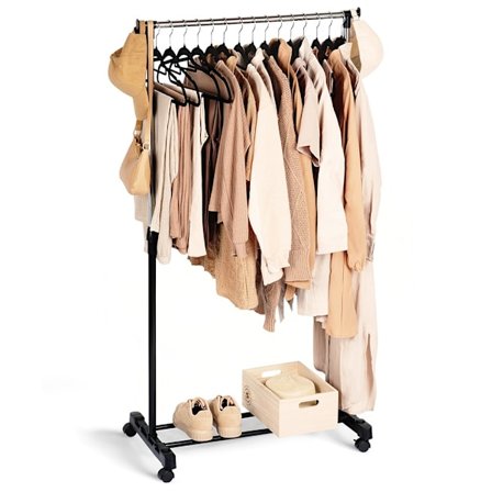 Stående klädställ, metall, svart, på hjul, 140 cm