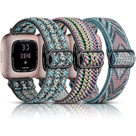 3-pack elastiskt band kompatibelt med Fitbit Versa/Fitbit Versa Lite/Fitbit Versa 2-armband för kvinnor och män, justerbar stretchig nylon Solo Loop-