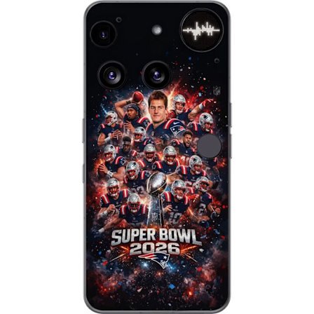 Yhteensopiva Puhelinkuori Nothing Phone (3) Super Bowl 2026 juliste, jossa New England Patriots ja NFL-mestaruuspalkinto räjähtävän urheilullisess