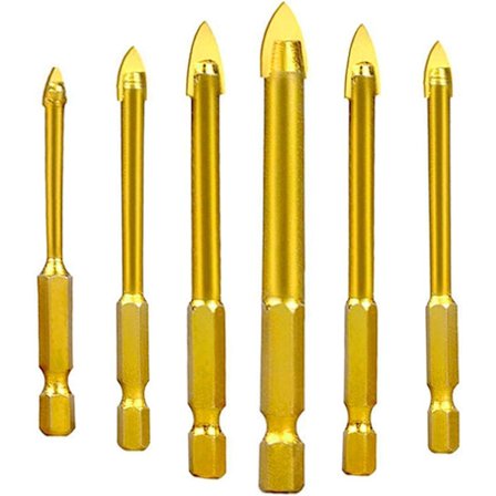 Sats om 6, volframstålglas, keramik, kakel, kristallborr, med sexkantskaft, titanbelagd,