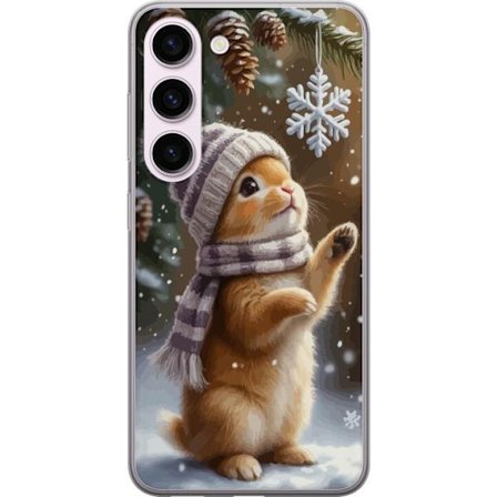 Kompatibelt Mobildeksel til Samsung Samsung Galaxy S23 Vinterkanin med lue og skjerf som beundrer en snøflak, et varmt og sjarmtfullt vintermotiv fyl