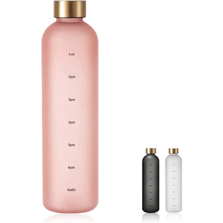 1 Liter Motiverende Vandflaske med Tidsmarkeringer til at Drikke, Genanvendelig Plastikflaske til Træning og Sport (pink)