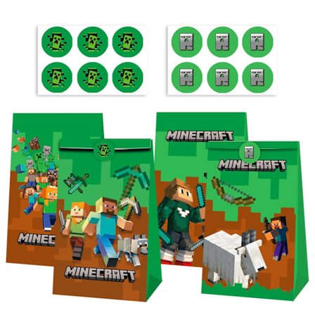 12 st Minecraft Pappers Godis Loot Påse & 12 Klistermärken Presentpåse Barn Födelsedagsdekorationer