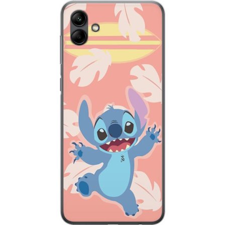 Kompatibel Mobilcover til Samsung Galaxy A05 Glad illustration af Stitch der hopper foran lyserød baggrund med surfbræt