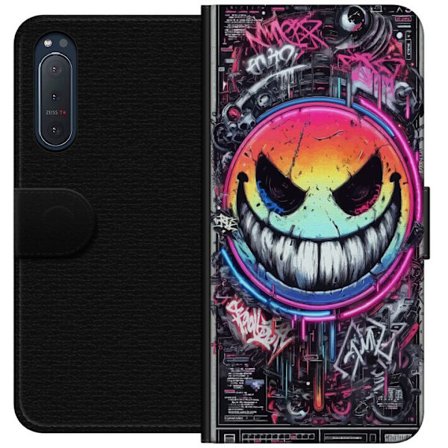 Kompatibelt Plånboksfodral till Sony Sony Xperia 5 II Cyberpunk smiley med neonfärger, graffiti och futurisk techstil, edgy digital konst för gamer