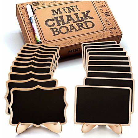 20 stk. Tørkbare minitavler med viskelær - små tavler i tre med stativ - bruk som bordkort, navneskilt, prisskilt til bryllup, bursdag osv.