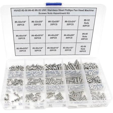 #2-56#4-40#6-32 UNC ruostumattomasta teräksestä valmistettu Phillips-ristipäällä varustettu konekantaruuvien ja muttereiden valikoimapakkaus