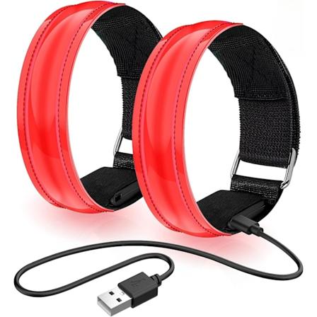 2 st. Laddningsbara LED-Reflekterande Armband, Justerbart Blinkande Säkerhetsband för Löpning, Cykling - Röd