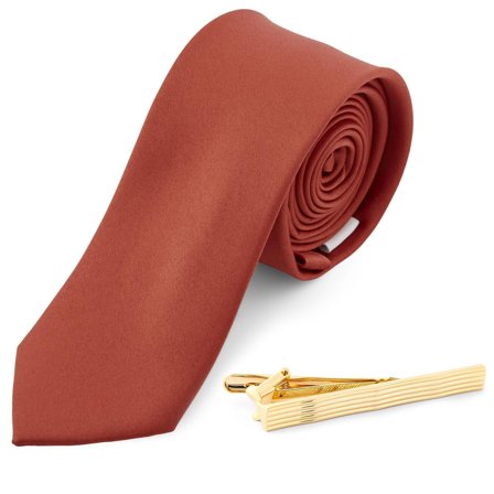 Set de corbata terracota y clip de corbata dorado para hombres - Sets de corbatas