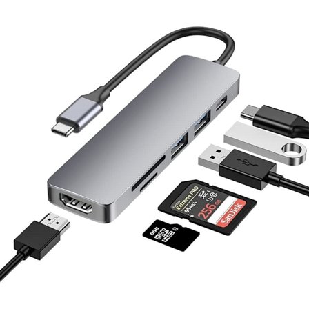 NÖRDIC 1-6 USB C alumiinitelakointiasema 1xHDMI 4K 30Hz 1xUSB-A 3.0 1xUSB-A 2.0 5Gbps 1x USB C PD87W 1xSD/TF-kortinlukija