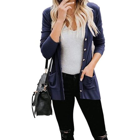 Damkoftor, knäppta, enfärgade, stickade, lösa koftor med fickor, XL