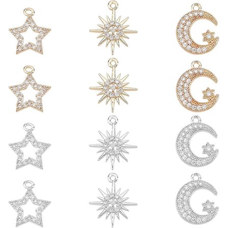 12 st 3-formade Cubic Zirconia-berlocker 2 färger Stjärna Måne Smycken Berlocker Mässing Sol Berlocker Måne Hängande Berlocker för DIY Halsband 