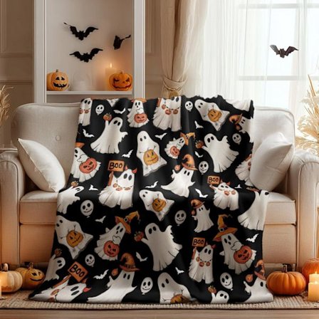 Halloween Flanellæppe - Boo Græskarlygte & Kraniedesign, Blødt Plys Fleece Plaid, Hyggeligt til Sofa, Seng & Senge, Perfekt til Børn