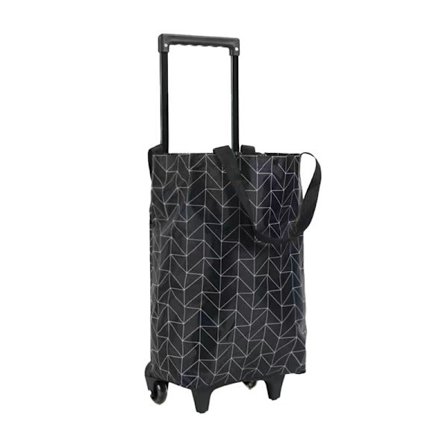 Sammenleggbar handlekurv, bærbar handlekurv i Oxford-stoff med hjul, uttrekkbart håndtak, reise svart