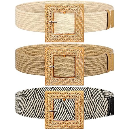 3-delad flätad midjeband i halm med elastiskt stretchbälte Boho midjebälte