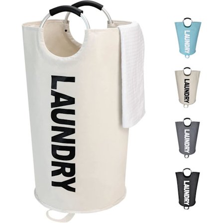 90L Stor Vaskekurv, Frittstående Høy Vaskekurv, Sammenleggbar Vaskepose Beige