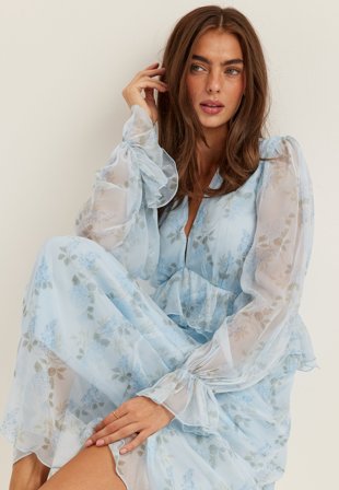 Bubbleroom Occasion - Frill L/S Chiffon Midi Dress - Light blue/Floral