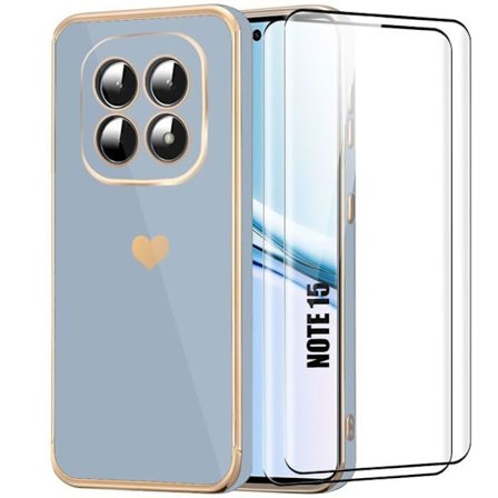 Cover til Xiaomi Redmi Note 15 5G/4G, Silikone Hjerte Mønster Anti-Ridse - Blå - 2 Tempererede Glas