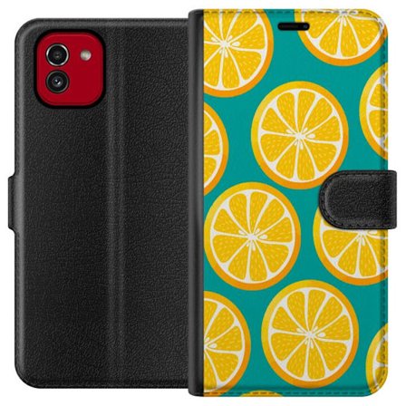 Kompatibelt Lommeboketui til Samsung Galaxy A03 Grafiskt mønster med gule sitronskiver på turkis bakgrunn i moderne design