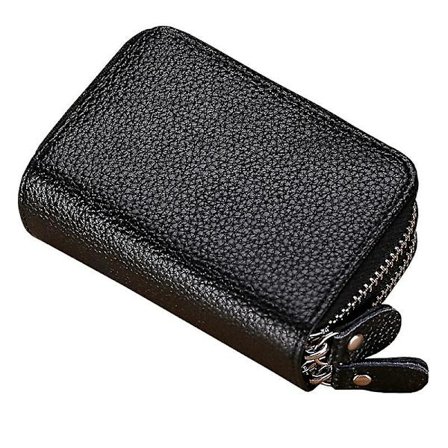 Äkta Läder Kreditkortshållare Med Dragkedja Dam Kortfodral RFID-blockering Med Dragkedja Runt Plånbok - Svart