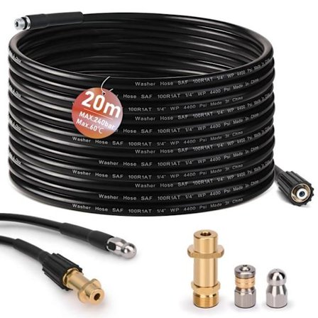 Kit Renseslange Afløbsrenser 20m, 240 Bar med M22 Adapter + Faste + Rotationsdyser, til Trykslanger K2-7