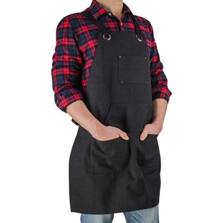 16 Oz lærredsforklæde til mænd - Sort kraftig arbejdsforklæde til tømrere, træarbejdere, smede, grill, gartner, værksted