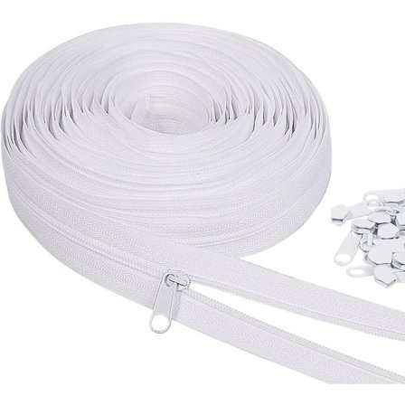 1 rull med glidelåstrekkere, endeløse glidelåser, hvite nylon-glidelåser, inkluderer 20 glidelåser for vesker, klær og sengetøy, ideell for å lage 
