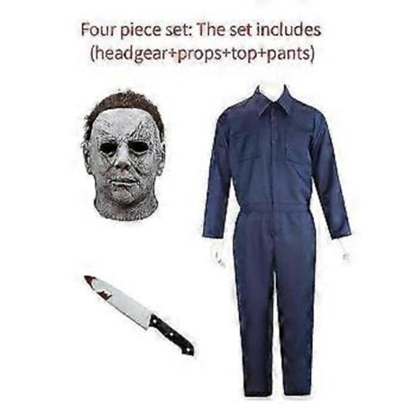 2024 Vuxen Michael Myers Cosplay Kostym Mask Rekvisita Halloween Jumpsuit Outfits Horror Blodig Mördare Karneval Party Kostym För Män (XXL 3PCS)